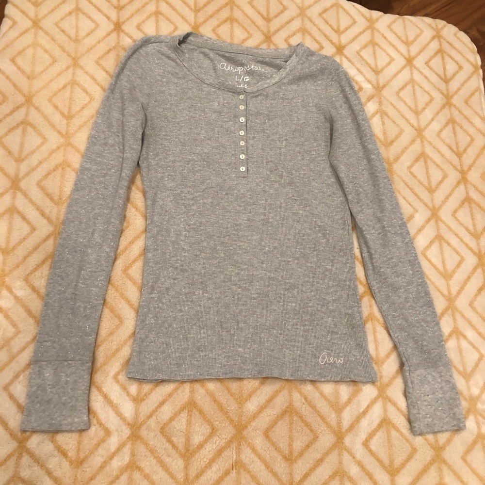 Aéropostale Sparkly Gray Ribbed Long Sleeve Henley